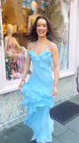 Niulatu Spaghetti Straps Blue Ruffle Chiffon Prom Dress Backless Evening Dress HZ1007