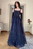 Niulatu Blue A Line Lace Appliques Prom Dress Elegant Evening Gown HZ1007