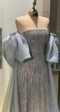 Niulatu Blue Tulle Prom Dresses Strapless Floor Length Special Occasion Evening Dress HZ1007