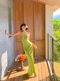 Niulatu Green Mermaid Straps Satin Open Back Long Prom Dress Vacation Dress HZ0113