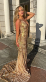 Niulatu Mermaid Golden Sequin Long Sweep Open Back Prom Dress Evening Dress HZ0113