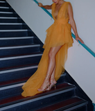 Niulatu Orange Deep V Tulle Prom Dress Evening Dress HZ1007