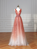 Niulatu V Neck Tulle Sequins Prom Dress Strawberry Pink A Line Long Evening Dress HZ1007