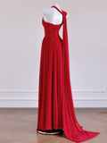 Niulatu Red A Line One Shoulder Chiffon Long Prom Dress Party Dress HZ0113