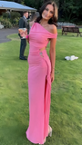 Niulatu Pink Off The Shoulder Chiffon Bodycon Long Party Dress Slit Prom Evening Dress HZ1007
