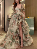 Niulatu Floral Vintage Dress Open Fork Elegant Evening Dress Puff Sleeves Sweet Female New HZ1007