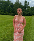 Niulatu Sheath Halter Print Floral Chiffon Long Prom Dress Vacation Dress HZ0113