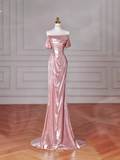 Niulatu Pink Off The Shoulder Satin Mermaid Long Prom Dress Evening Dress HZ1007