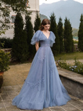 Niulatu Blue Tulle Sequins Appliques Prom Dress Evening Dress HZ1007