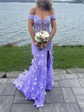 Niulatu Off the Shoulder Mermaid Lilac Lace Floral Long Prom Dresses, High Slit Graduation Evening Dresses HZ1007