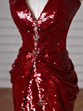 Niulatu Burgundy Sequins Halter V Neck Evening Dress Backless Mermaid Evening Dress HZ1007