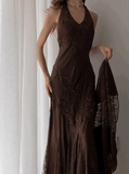 Niulatu Mermaid Sleeveless Halter Brown Long Prom Dress HZ0113