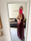 Niulatu Halter Backless Brown A Line Slit Prom Dress Deep V Evening Dress HZ1007