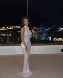 Niulatu Sequins Mermaid Sleeveless Evening Dress Silver Long Prom Dress HZ1007