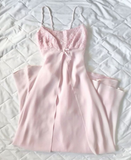 Niulatu A Line Spaghetti Straps Pink Chiffon Prom Dress Evening Gowns With Lace HZ1007