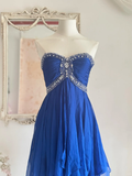 Niulatu Blue A Line Sweetheart Neck Rhinestone Ruffle Chiffon Homecoming Dress Outfits HZ0113