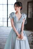 Niulatu Blue Satin Long Prom Dress A-Line Blue Evening Dress HZ1007