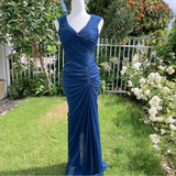 Niulatu Fashion Mermaid V Neckline Navy Blue Floor Length Evening Dress Prom Dresses SD1881