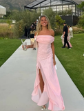 Niulatu Off The Shoulder Chiffon Slit Prom Dress Pink Formal Evening Dress HZ1007