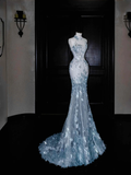 Niulatu Blue Tulle Sequins Appliques Mermaid Evening Dress Long Prom Dress HZ1007