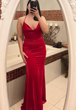 Niulatu Red Spaghetti Straps Red Velvet Evening Dress Mermaid Prom Dress HZ1007