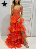 Niulatu Orange Strapless A-Line Lace Layered Appliques Prom Dress Slit Evening Dress HZ1007