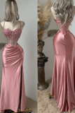 Niulatu Pink Sweetheart Spaghetti-Straps Appliques Beaded Split Evening Dress Mermaid Prom Dress HZ1007