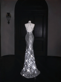 Niulatu Silver Deep V Halter Sequins Beaded Backless Evening Dress Mermaid Prom Dress HZ1007