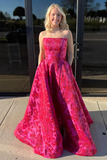 Niulatu Satin Print Floral Evening Dress Hot Pink Strapless A Line Prom Dress With Pockets HZ1007