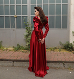 Niulatu Formal Burgundy Evening Dress with Long Sleeves HZ1007