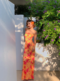 Niulatu Sheath Spaghetti Straps Orange Print Floral Satin Long Prom Dress Outfits HZ0113