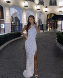 Niulatu Mermaid Halter White Sequin Long Prom Evening Dress with Split HZ1007