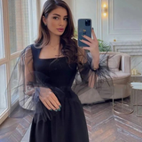 Niulatu A-Line Long Sleeves Evening Dress Black Simple Square Collar Party Gowns For Women HZ1007