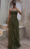 Niulatu Green Tulle Beaded Long A Line Evening Dress Strapless Prom Dress HZ1007
