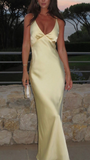 Niulatu V Neck Yellow Satin Evening Dress Long Prom Dress HZ1007