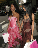 Niulatu Hot Pink Lace Chiffon Ruffles Evening Dress Strapless Prom Dress HZ1007
