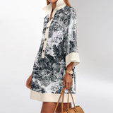 2025 Women's Spring And Winter New Fashion Casual Ink Print Collar Half-Sleeved A-Shaped Dress Women HZ0108
