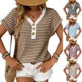 2025 Summer New Lady Splicing Knit V Collar Button Cover Short Sleeve HZ0108