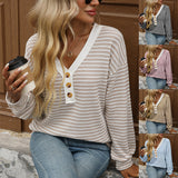 TK2025 New Lady V-Neck Button Casing Splicing Casual Long-Sleeved Color T-Shirt HZ0108