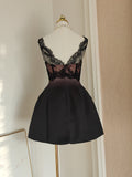 Niulatu A line V Neckline Satin Lace Vacation Dresses Short Birthday Dress SD1261