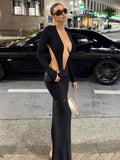 Autumn 2025 New Sexy Deep V Hollow Fake Two Leather Spliced Long-Sleeved Bag Hip Dress HZ0108