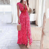 2025 Spring Dress Women's Vacation Sexy Sleeveless Print V-Necked Open-Loaf Leaf Leaf Leaf Leaf Leaf Dress HZ0108