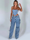 Low-Rise Three-Dimensional Pocket Spliced Jeans Women Autumn 2025 New Loose Falling Lanky Trousers HZ0108