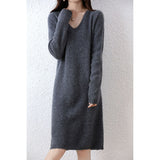 2025 Winter New V-Necked Bottom Sweater Dress Women's Long Loose Knee Straight Knitted Thick Dress HZ0108