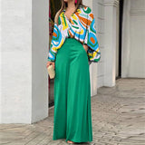 Women's 2025 Spring Sets Easier Elegant Casual Printed Shirts Broad Legs Fashion Set Women HZ0108