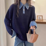 Cowboy Sleeve Splicing Fake Two Sweaters Women's Autumn/Winter 2025 Women's Loose POLO Collar Knitted Knitted Jersey HZ0108