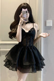 Niulatu A line Spaghetti Straps Chiffon Black Holiday Dress Birthday Dresses Birthday Outfits SD1237