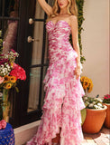 Niulatu Strapless Chiffon Print Floral Layered Evening Dress Slit Prom Dress HZ1007
