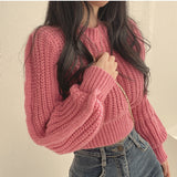 Korean Version Of The Age-Reasing Pink Bubble Sleeve Soft Glutinous Sweater Women's Autumn Winter Fashion Sister Wind Loose Knitting Top HZ0108