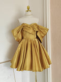 Niulatu A line Off The Shoulder Yellow Satin Travel Vacation Dresses Short Birthday Dress SD1249